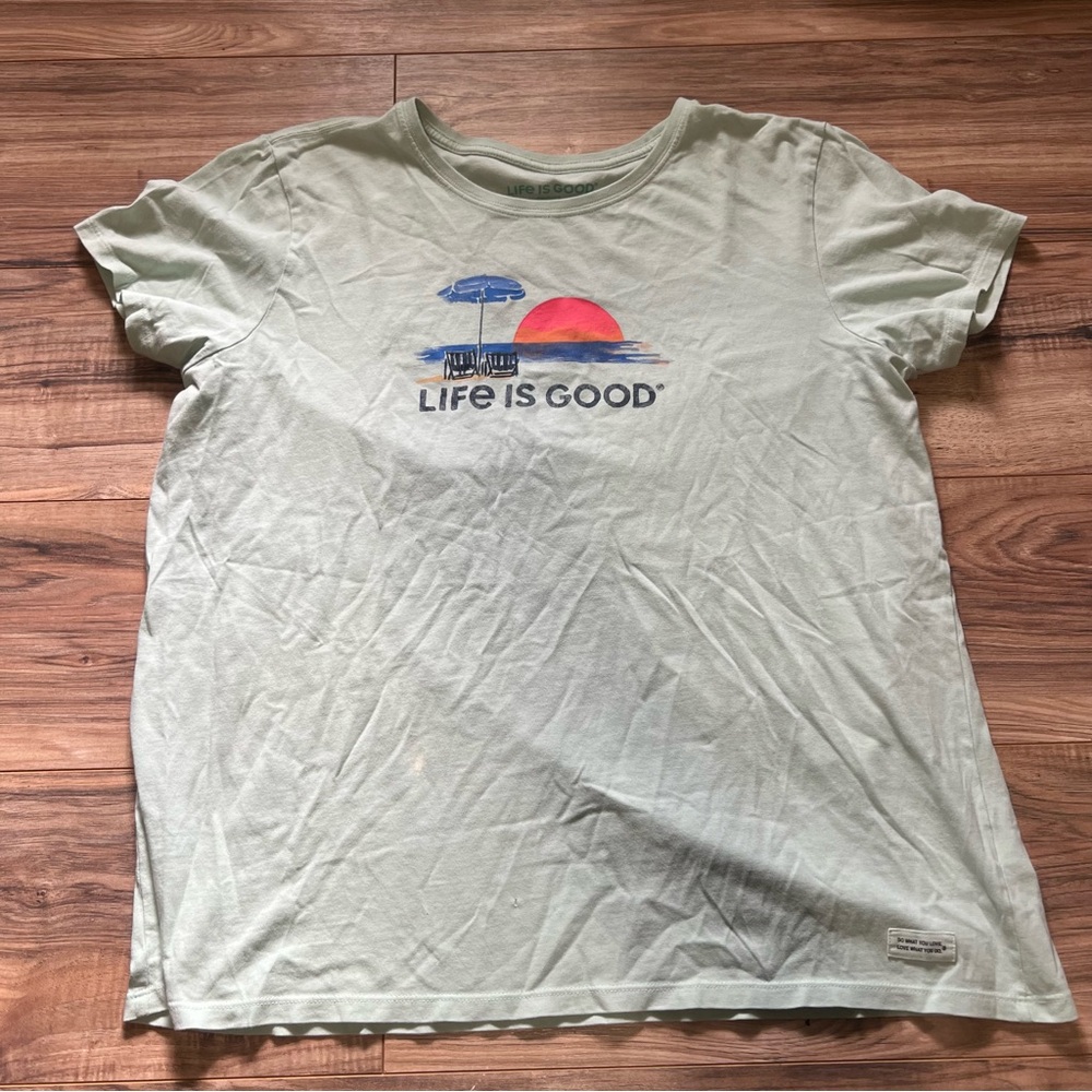 Life Is Good Light Green T-Shirt with Sunset Graphic